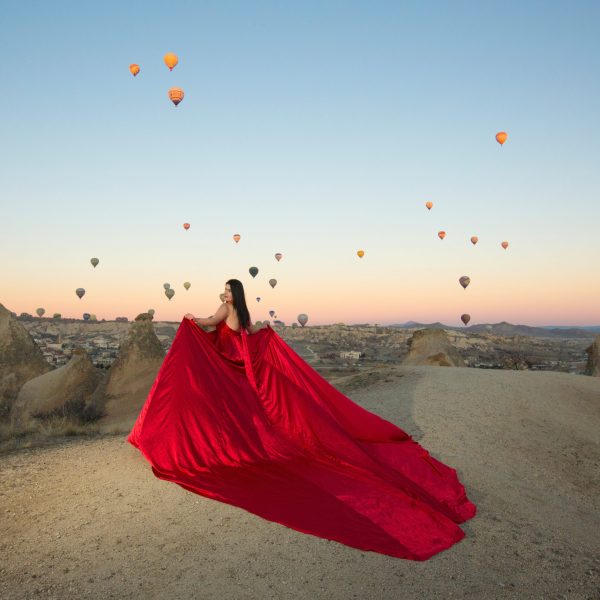 Cappadocia sunrise flying dress photoshoot with balloons