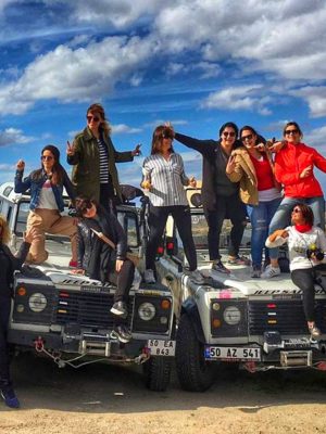 Cappadocia Jeep Safari tour group enjoying off road adventure in fairy chimneys valley